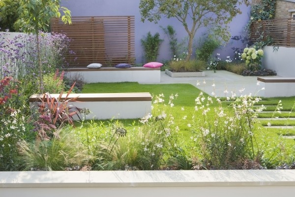 Zen garden design with colourful cussions by Sara Jane, landscape designer on Design for Me