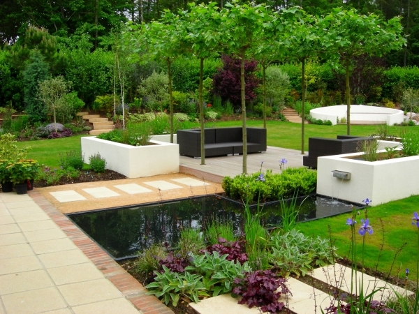 Garden seating area with pond and patios