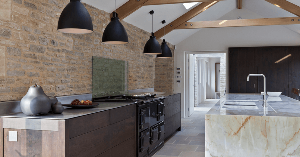 Gorgeous modern kitchen design with pendant lights and brick walls by Andrew, architectural designer on Design for Me