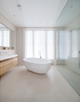 Spacious bathroom design with freestanding bath by Nicholas, architect