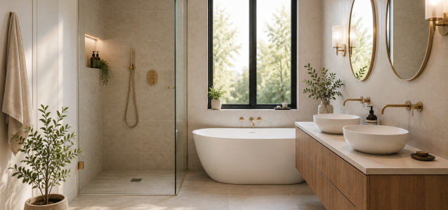 Modern architect-designed bathroom with freestanding bath and walk-in shower