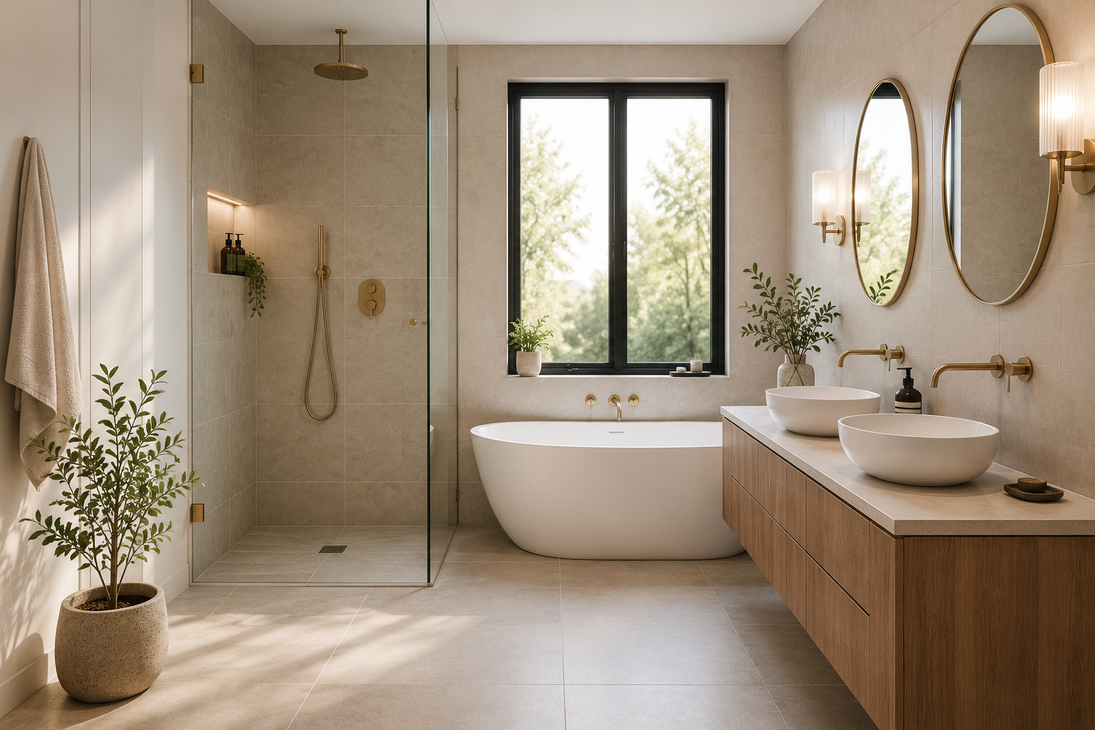 Modern architect-designed bathroom with freestanding bath and walk-in shower