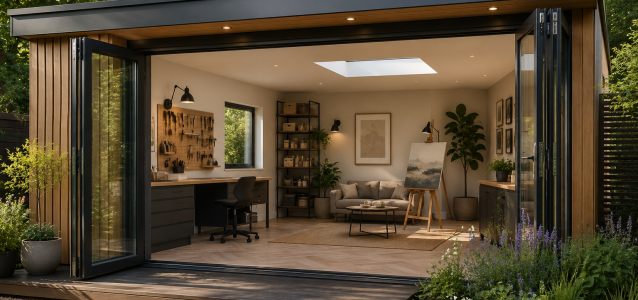 a modern garden room overlooking a garden