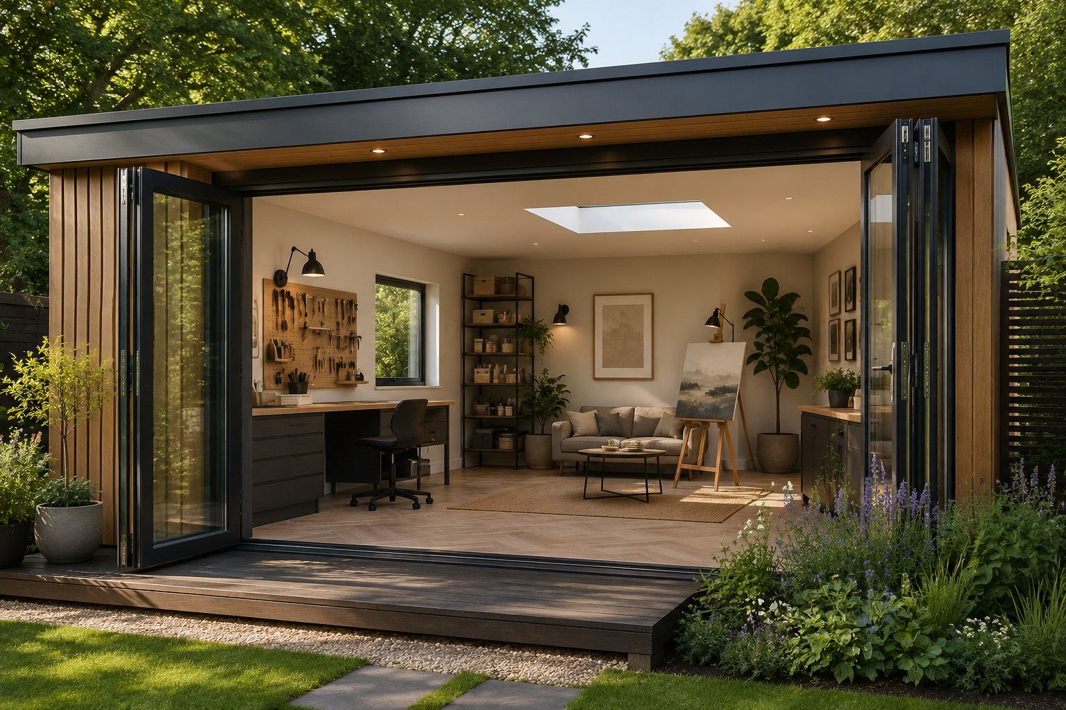 a modern garden room overlooking a garden